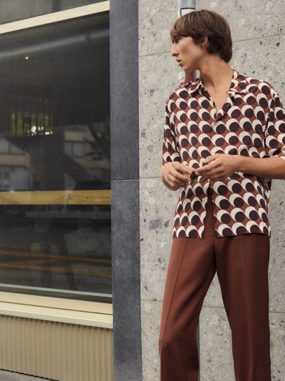 Sandro Pop Dot Button Shirt Mens Rust Brown Geometric Circle Print Viscose - Lg!